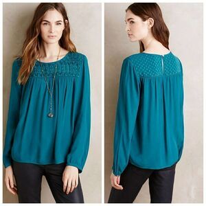 Anthropologie Meadow Rue Vivie Blouse Top Teal XS Casual Long Sleeve